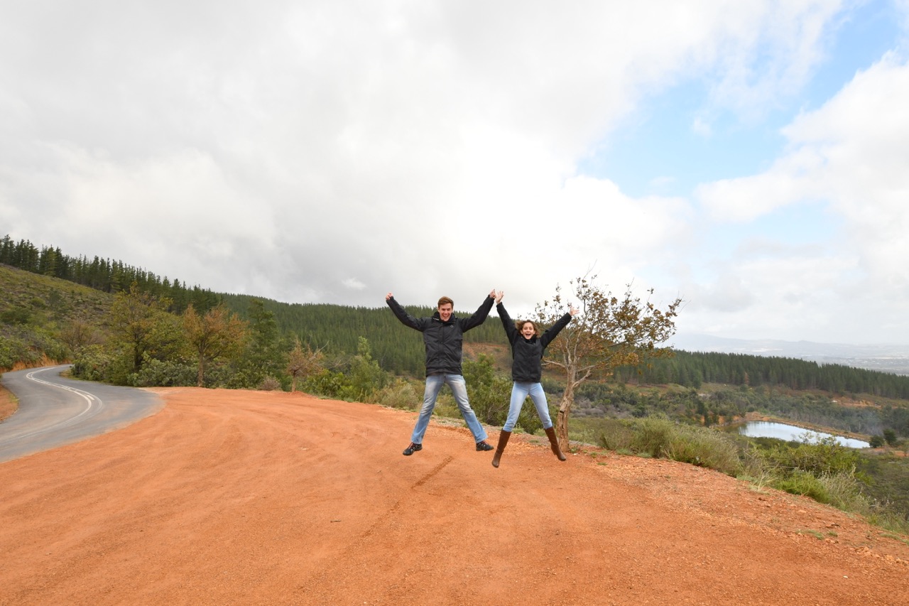 Duan and his wife jumping at Bainskloof Pass