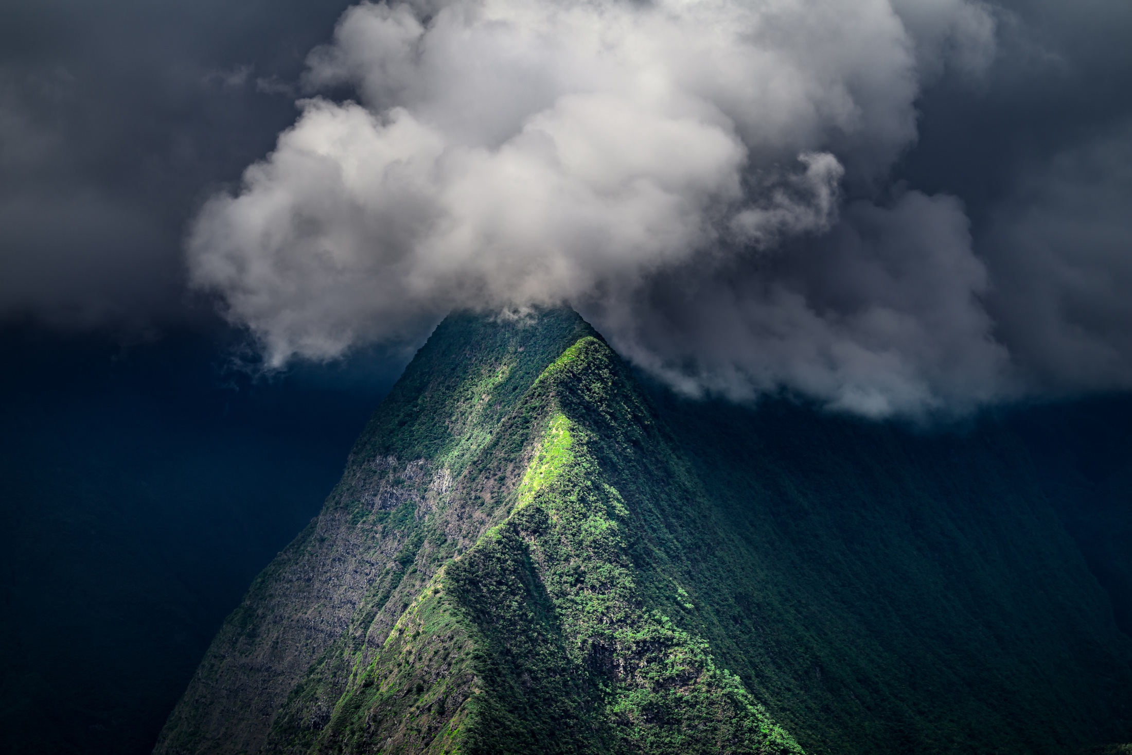 A steep green volcanic ridge disappearing into thick white cloud on Réunion Island